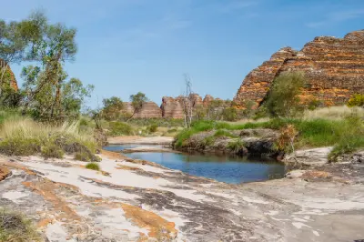 A remnant pool in Piccaninny Creek surrounded by grasses, eucalyptus trees and the striped sandstone domes of the Bungle Bungle Range.