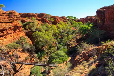 Walking bridge crosses a rocky gully surrounded by red sandstone formations and native vegetation along the Kings Canyon Rim Walk.
