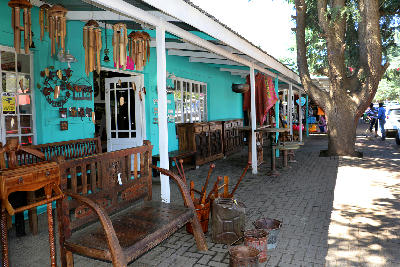 Craft shops and galleries along a shaded street in Clarens, a popular arts and tourism town in the Eastern Free State.