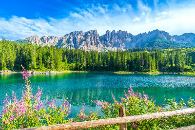 Turquoise Lago di Carezza lake reflecting the Latemar mountains in the Dolomites, Italy.