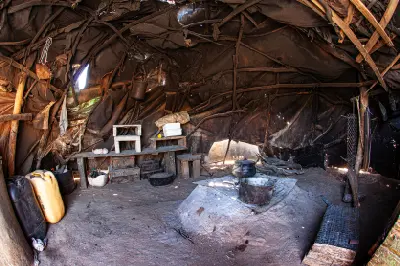 Interior of a traditional cooking shelter in the Kleinfontein area of the Kamiesberg, Namaqualand, Northern Cape, South Africa.