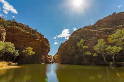 Midday sun streams between towering red-orange cliffs, illuminating a calm waterhole lined with green eucalyptus trees under a blue sky.