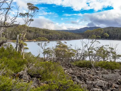 Calm waters of Lake Fenton framed by forested hills and native vegetation in Mount Field National Park, Tasmania.