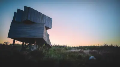 Low-angle view of Kielder Observatory's elevated timber structure against a pastel blue and pink twilight sky, with dark forest vegetation in the foreground.