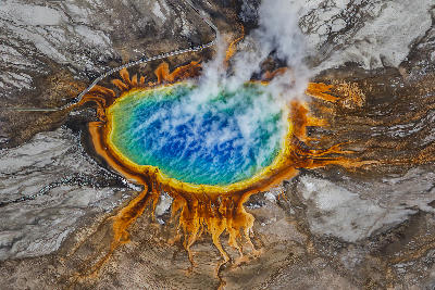 Aerial view of Grand Prismatic Spring in the Yellowstone Geothermal System, Wyoming.