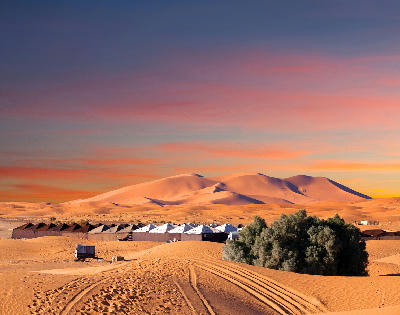 Desert camp and sand dunes at sunset in Merzouga near Erg Chebbi in Morocco.
