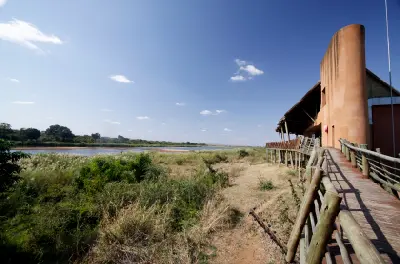 Lower Sabie Rest Camp and riverside viewing deck above the Sabie River in Kruger National Park, South Africa.