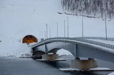 Bridge and tunnel along the coastal road near Gryllefjord on Senja island, Norway