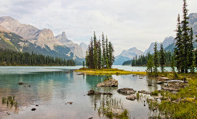 Spirit Island with clustered pine trees on Maligne Lake, surrounded by calm turquoise water and layered mountain peaks