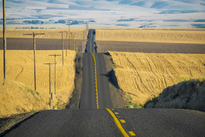 Rolling road through harvested wheat fields in the Palouse region of Washington State