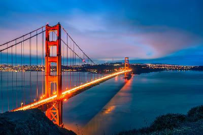 Golden Gate Bridge at night from Battery Spencer with long exposure light trails