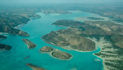 Aerial view across turquoise tidal channels, rugged islands and sandbanks surrounding Horizontal Falls in the Buccaneer Archipelago, West Kimberley.