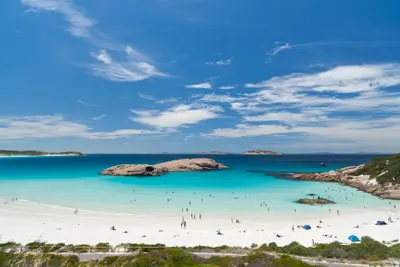 White sand, turquoise water and offshore granite rocks at Twilight Beach near Esperance, Western Australia.
