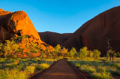 Dawn light illuminating the red sandstone face of Uluru and eucalyptus trees beside the walking trail to Mutitjulu Waterhole.
