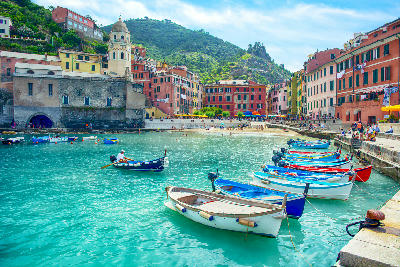 Vernazza, one of the five towns of Cinque Terre, set along the Ligurian coast in Italy.