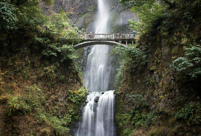 Multnomah Falls with Benson Bridge in the Columbia River Gorge, Oregon USA, showing the iconic two-tier waterfall and forest canyon.