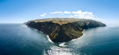 Steep Atlantic cliffs at Ponta do Pargo on the west coast of Madeira Island, Portugal.