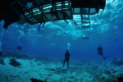Scuba divers beneath a dive boat at Agincourt Reefs off Port Douglas on the Great Barrier Reef, Queensland.