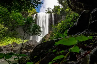 Zillie Falls cascading over a rocky cliff, framed by dark boulders and lush rainforest vegetation in the Atherton Tablelands, Queensland.