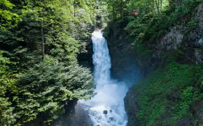Palovit Waterfall plunging through a steep rocky gorge surrounded by dense green forest in Çamlıhemşin, Rize, Turkey.