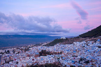 Sunset panorama of Chefchaouen’s blue medina in the Rif Mountains of northern Morocco