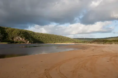 Aire River estuary with broad sandy banks and forested hills in Great Otway National Park, Victoria.