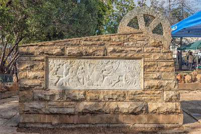 Voortrekker Monument in Clanwilliam, Western Cape, featuring a stone relief panel and historic memorial structure in the town centre.