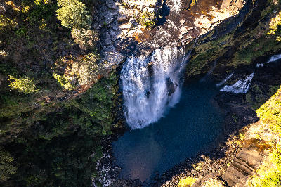 Top-down aerial view of Lisbon Falls cascading into a dark plunge pool surrounded by forest and rock cliffs in Mpumalanga.