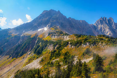 Cascade Pass North Cascades Washington rugged alpine peaks with forested slopes and rocky ridgelines