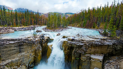 Sunwapta Falls plunging into a canyon with visitors on the edge, surrounded by autumn forest in Jasper National Park, Canada