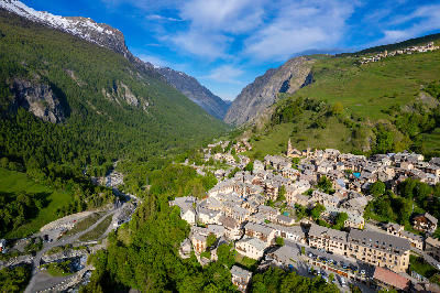 La Grave alpine village in the Romanche valley surrounded by mountains in the French Alps