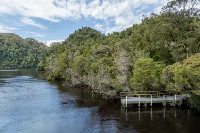 Gordon River flowing past dense temperate rainforest and a small riverside landing near Strahan, Tasmania, Australia.