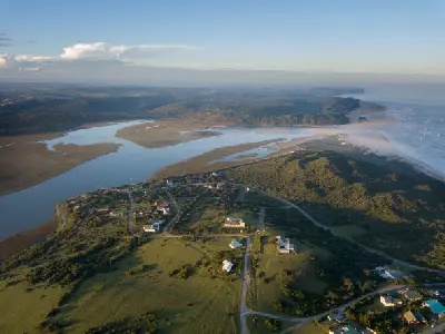 Aerial view of the Touw River Estuary, coastal dunes and Wilderness Lagoon at the mouth of the Touw River on the Garden Route.