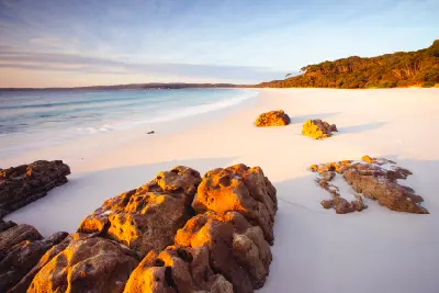 Golden morning light illuminates rocks and brilliant white sand along Hyams Beach, with calm blue water and coastal bushland beyond.