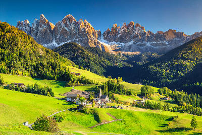 Santa Maddalena village and Church of St. Magdalena in Val di Funes with the Dolomites mountains, Italy.