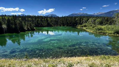 Clear emerald lake with forest reflections at Valley of the Five Lakes, Jasper National Park