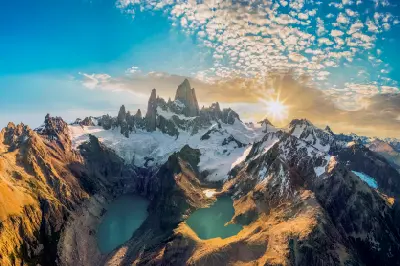 Mount Fitz Roy with Laguna de los Tres and Laguna Sucia viewed from above in Patagonia, Argentina.