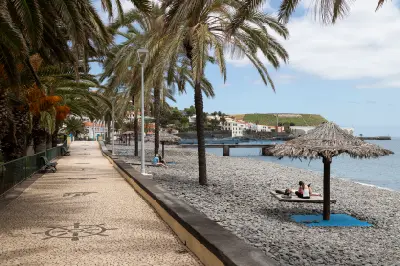Palm-lined seaside promenade and pebble beach in Santa Cruz, Madeira, with people resting near straw parasols beside the Atlantic Ocean.