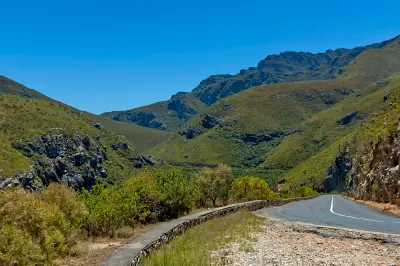 Curving mountain road through Tradouw Pass surrounded by rugged green slopes in the Langeberg Mountains of South Africa’s Western Cape.