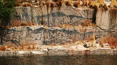 Pseudotachylite veins exposed in bedrock at the Pseudotachylite Mural in the Vredefort Dome World Heritage Site, South Africa.