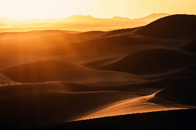 Sunrise light over layered sand dunes in the Erg Chebbi desert near Merzouga, Morocco.