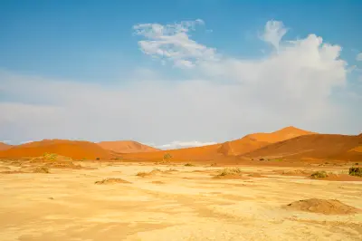 Wide landscape view of Big Daddy Dune and the Deadvlei clay pan in the Namib Desert near Sossusvlei, Namibia.