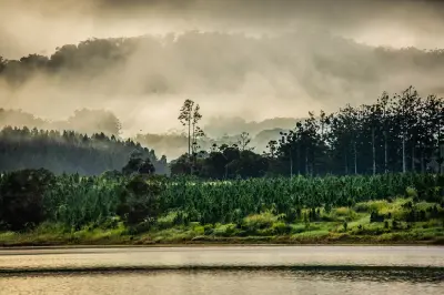 Sunrise mist rising above forested hills and the waters of Lake Tinaroo in the Atherton Tablelands, Queensland.