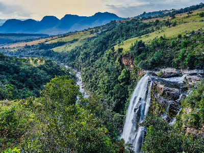 Lisbon Falls dropping into the Lisbon River Gorge with forested valleys and escarpment landscapes along the Panorama Route in Mpumalanga.
