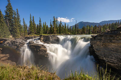 Athabasca Falls cascading through rocky canyon in Jasper National Park