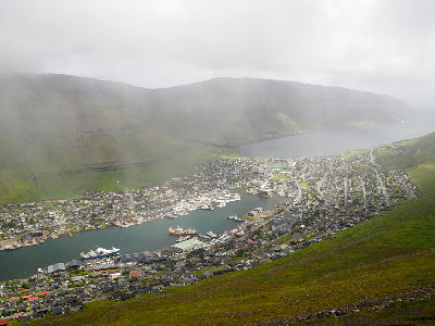 Klaksvík town on Borðoy Island in the Faroe Islands seen from Klakkur viewpoint above the fjord.