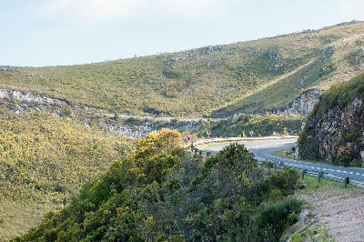 Hairpin bend on Robinson Pass crossing fynbos-covered mountain slopes in the Outeniqua Mountains of South Africa.