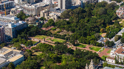 Aerial view of Company’s Garden park surrounded by historic buildings in central Cape Town, South Africa.