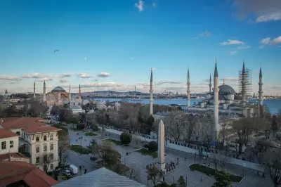 Wide view of Sultanahmet Square with the Obelisk of Theodosius, Hagia Sophia and Blue Mosque in Istanbul, Turkey.