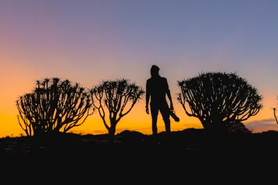 Silhouette of a photographer between quiver trees against an orange and purple sunset sky in Namibia’s Quiver Tree Forest.